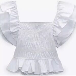 Zara White Puff Sleeve Smocked Cropped Top S